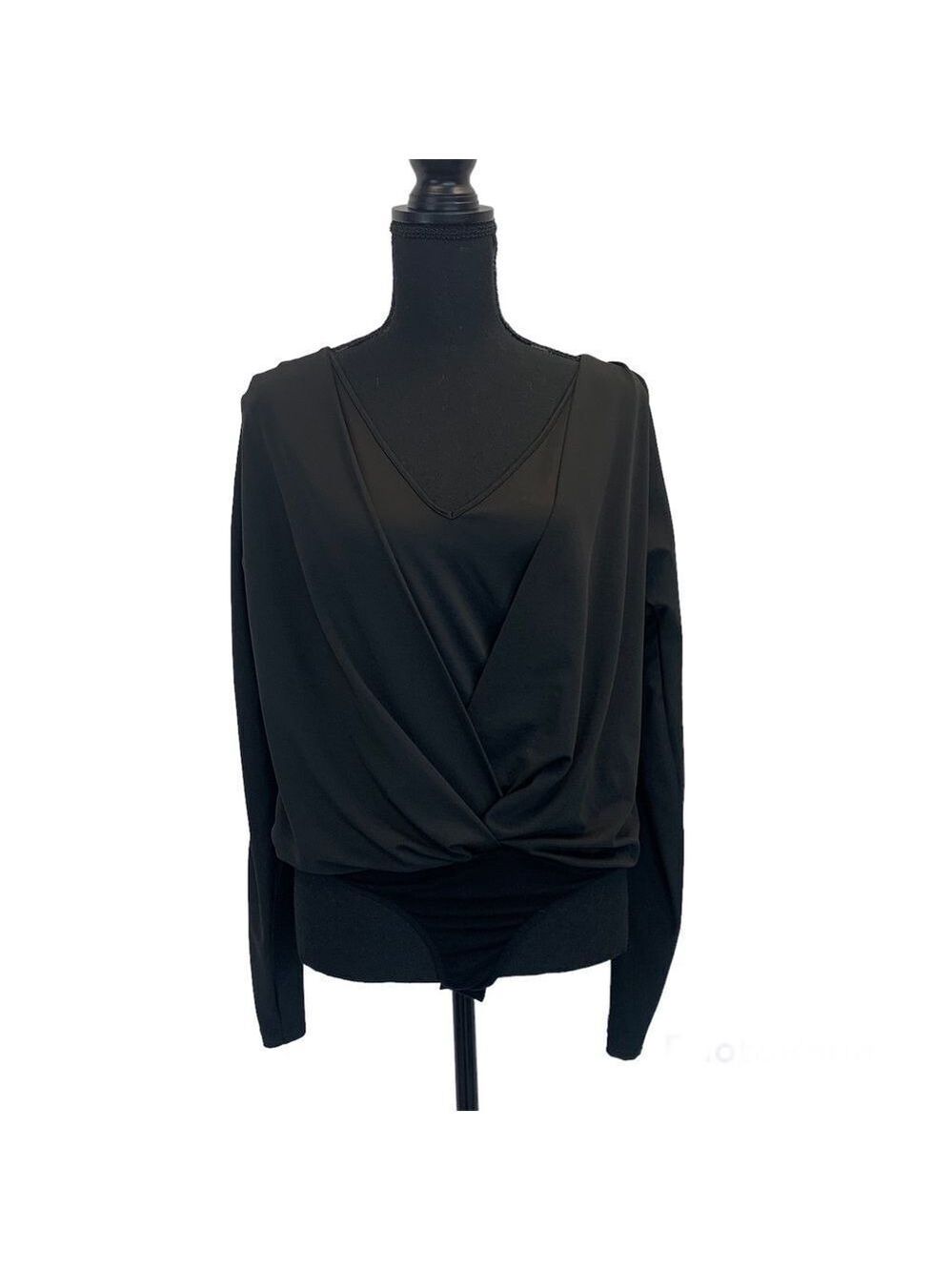 BEBE black V-neck draped cutout long sleeve bodysuit Sz L
